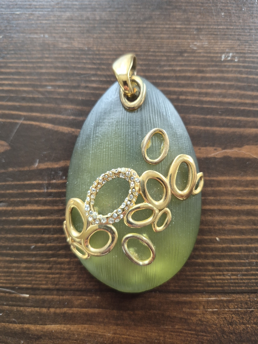 Alexis Bittar Olive Green Glass Teardrop Pendant with Gold Accents